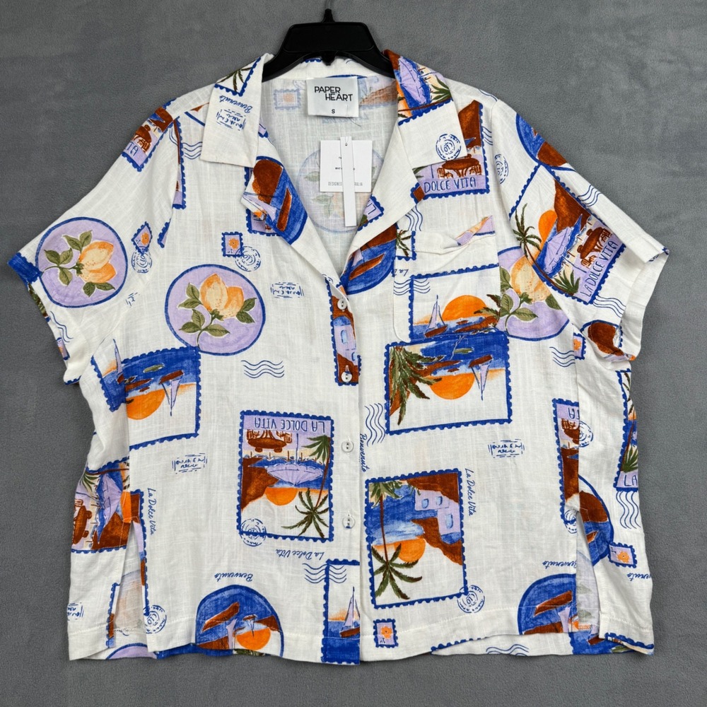 Paper Heart Postcard Print Linen Blend Shirt White La Dolce Vita TP241272 Small